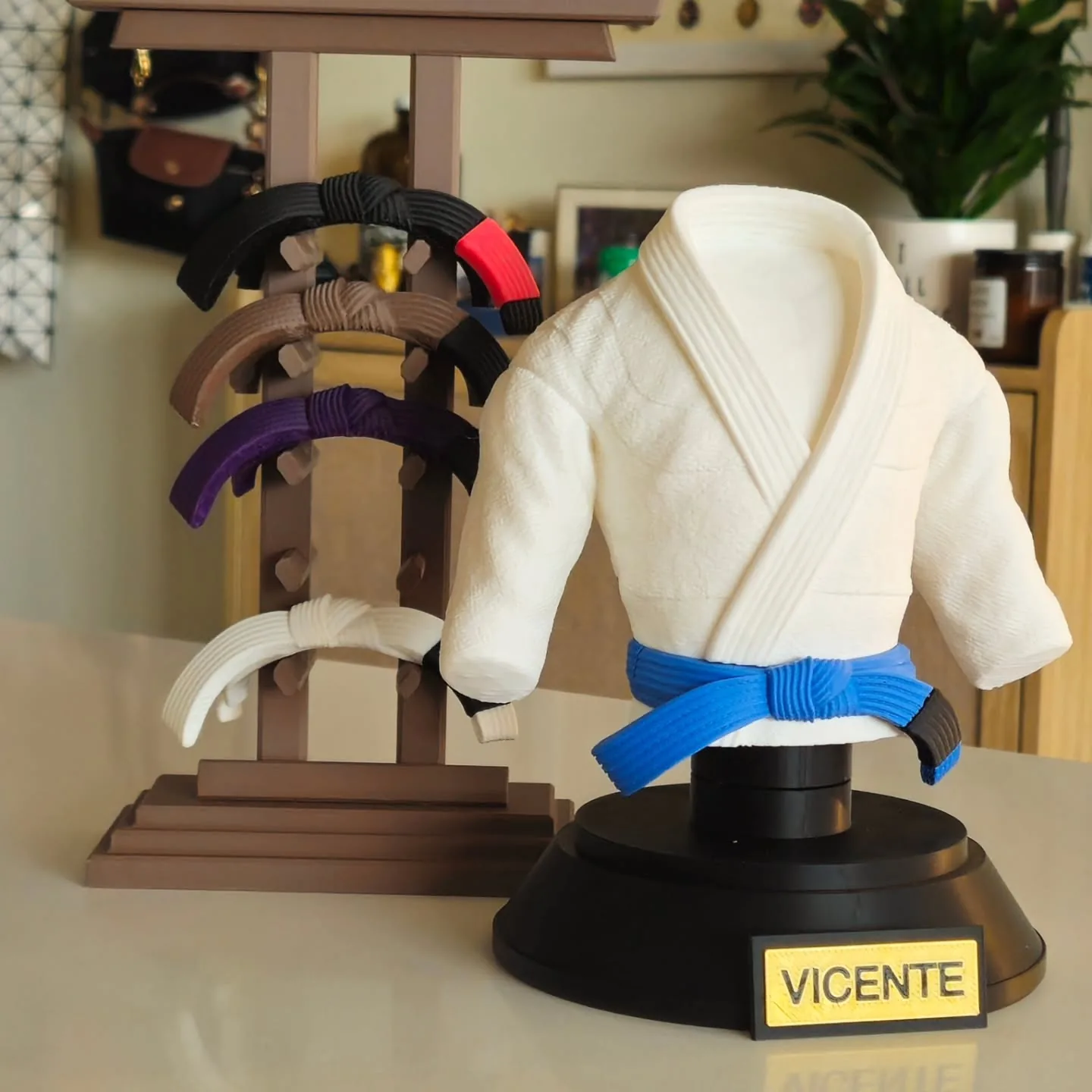 White martial-arts gi and colored belts on a personalized display stand
