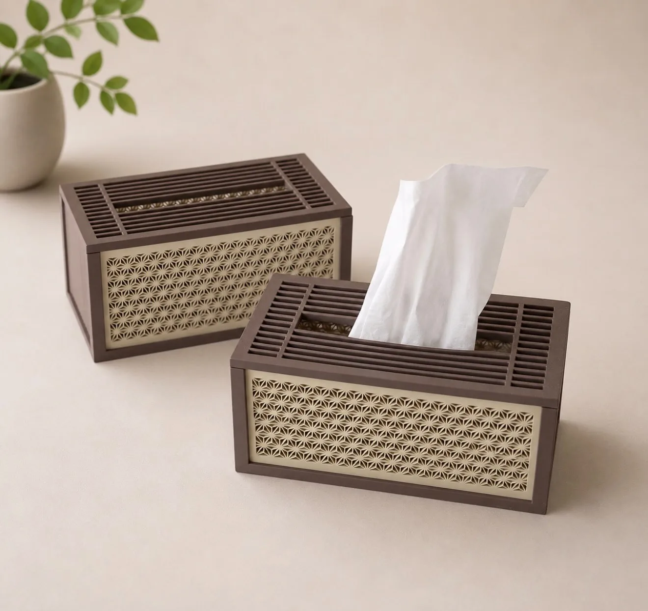 Decorative tissue box cover shown in a coordinated interior setting